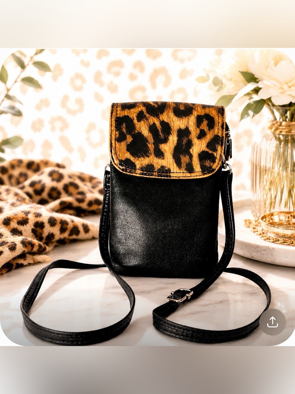 Black Leather Crossbody Phone Bag with Leopard Print Flap - Picture 1 of 7